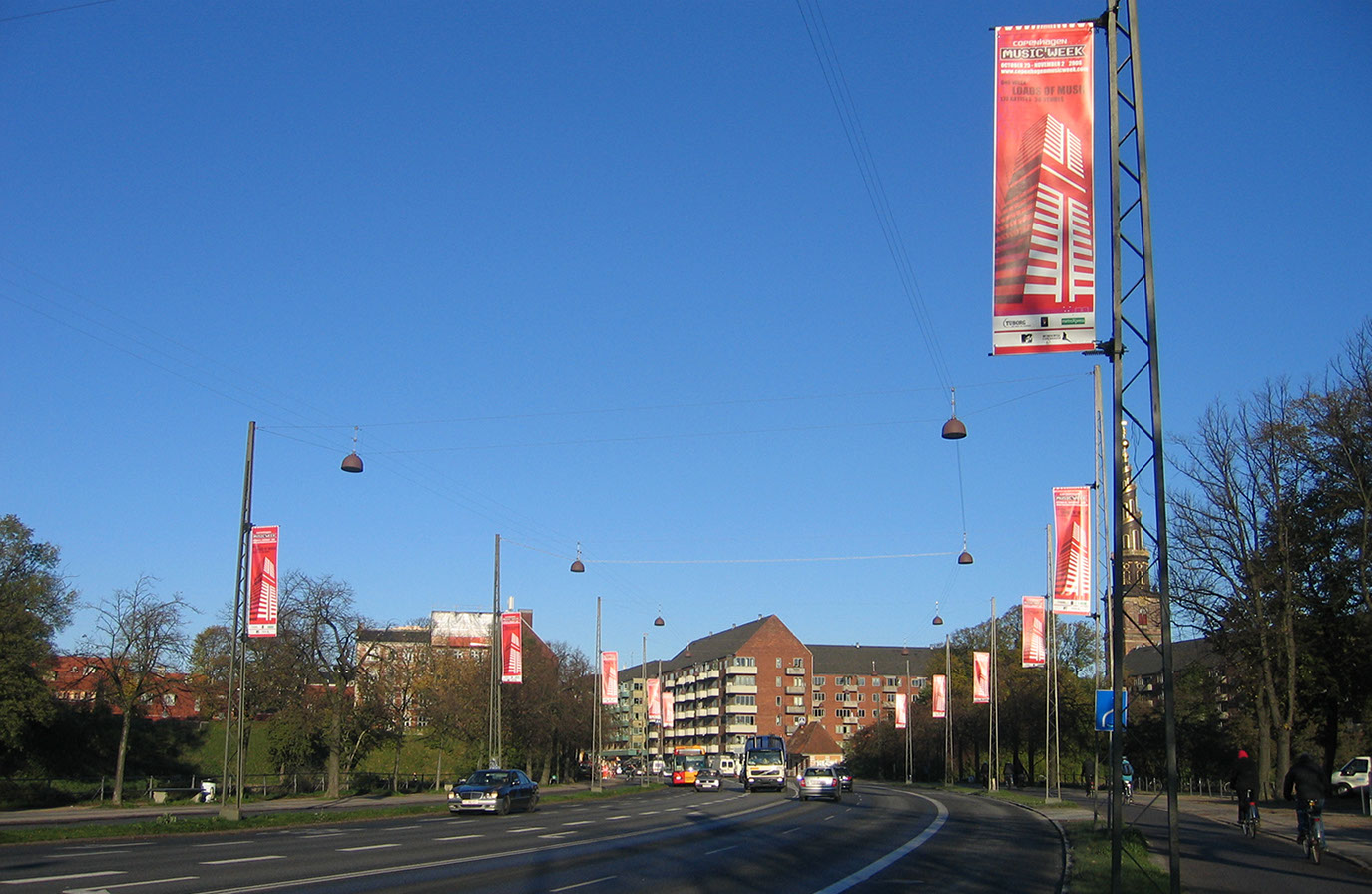 Kulturbanner.dk Copenhagen Music Week outddor reklame i København Bannere i lygtepæle city dressing